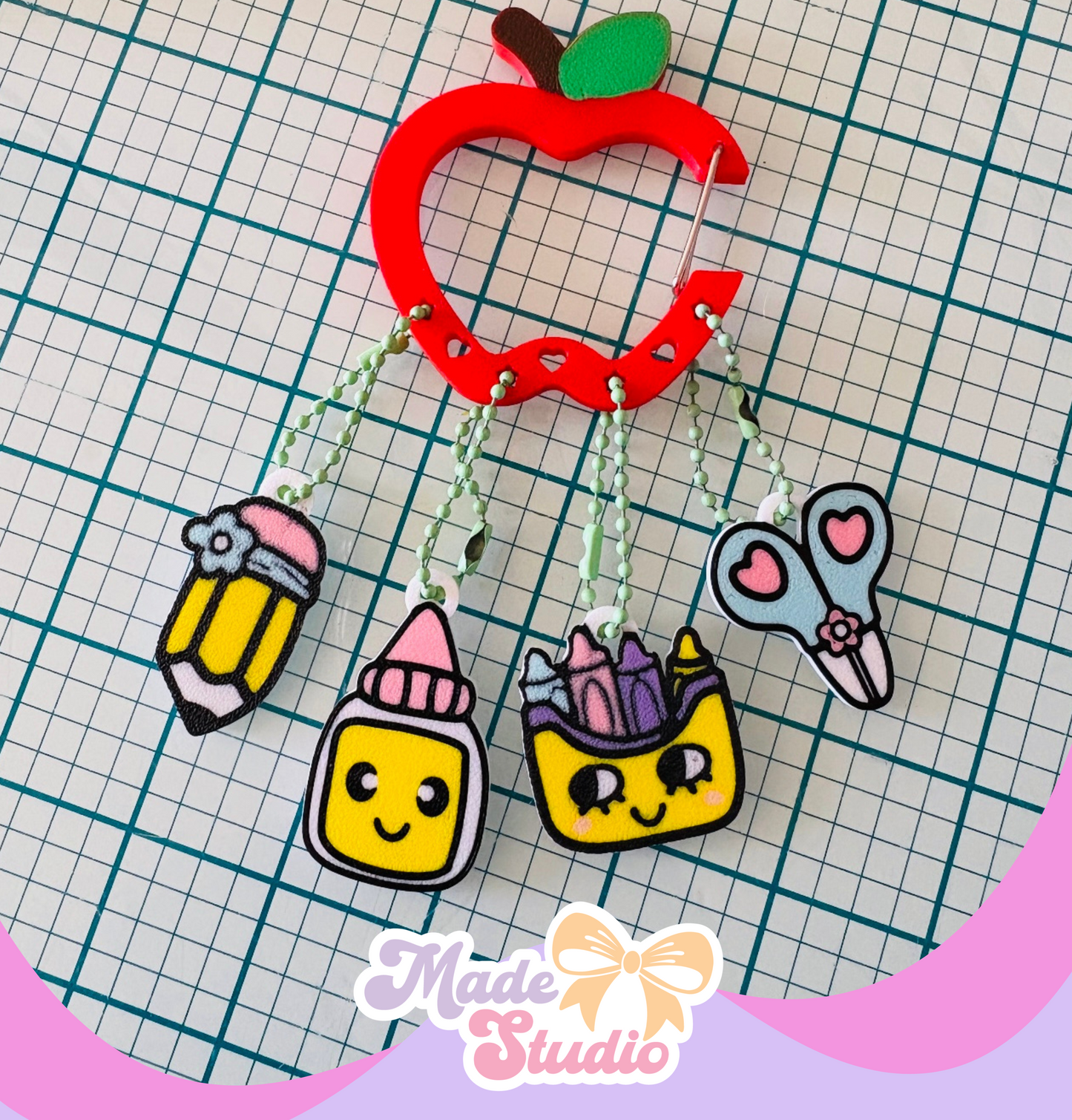 3D Apple Carabiner Keychain with School Supplies Charms | Teacher Appreciation Gift | Back to School Gift